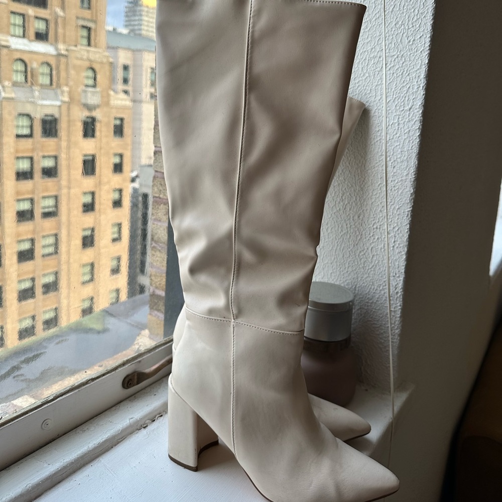 White Pointed Toe Knee High Boots